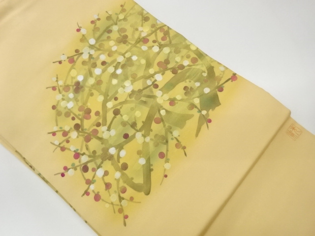 リサイクル　作家物　塩瀬手描き抽象梅の木模様名古屋帯